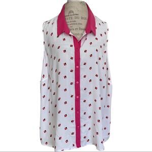 Worthington Women White & Pink Geometric Print Button Up Sleeveless Blouse Sz 3X